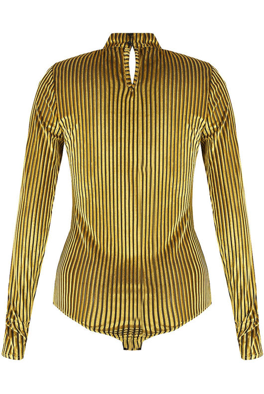 Yellow Velvet Stripes Mock Neck Bodysuit