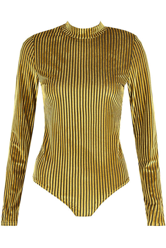 Yellow Velvet Stripes Mock Neck Bodysuit