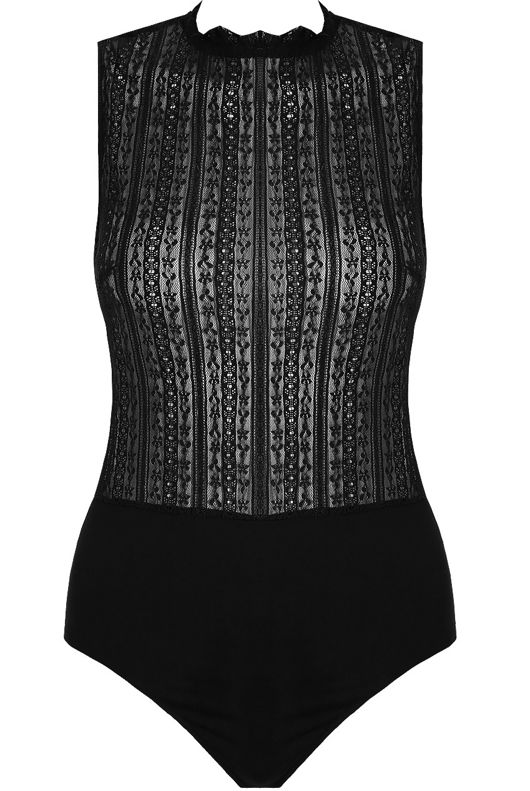 Black Embroidery High Neck Netted Bodysuit