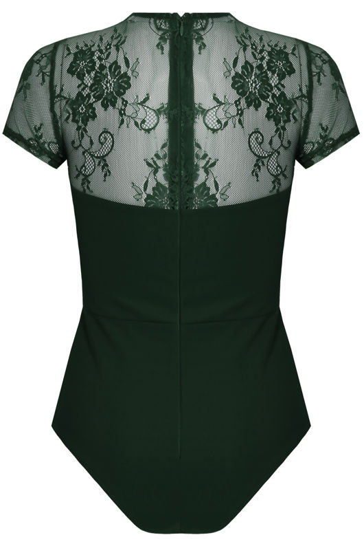 Green Floral Lace Back Zip Up Bodysuit 