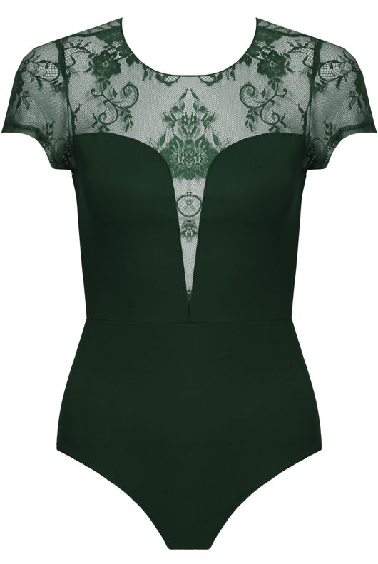Green Floral Lace Back Zip Up Bodysuit 