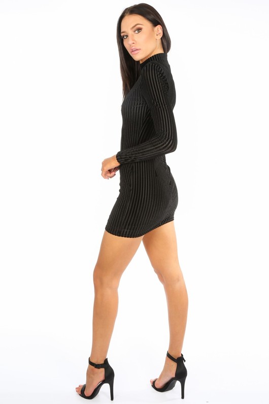 black high neck ribbed bodycon dress