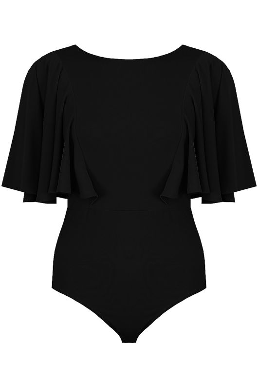 Black Frilled Bell Sleeve Open Back Bodysuit