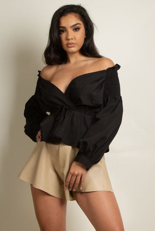 Black Bardot Wrap Peplum Blouse