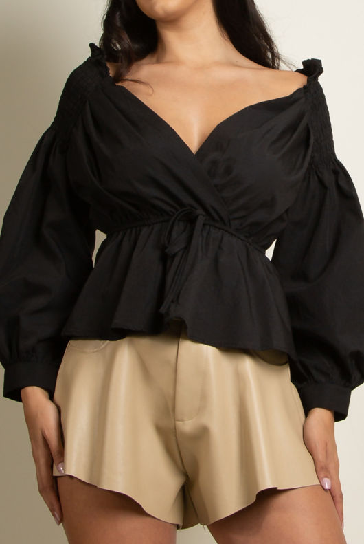 Black Bardot Wrap Peplum Blouse