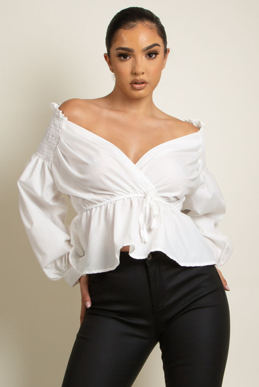 White Bardot Wrap Peplum Blouse