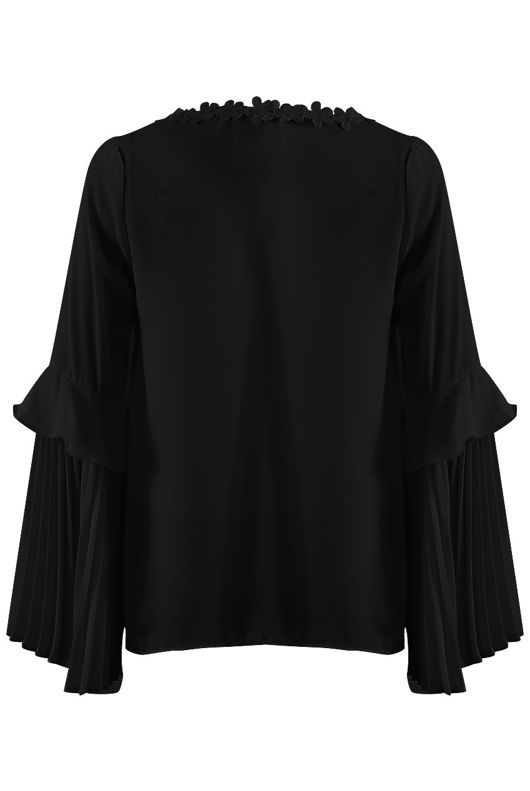 Black Flower Neckline Pleated Sleeves Blouse