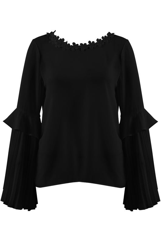 Black Flower Neckline Pleated Sleeves Blouse