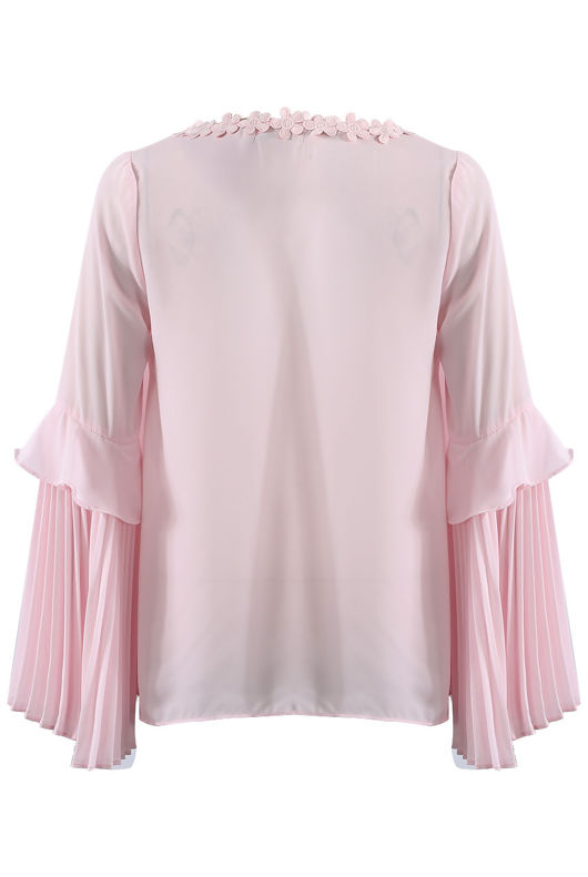 Rose Flower Neckline Pleated Sleeves Blouse