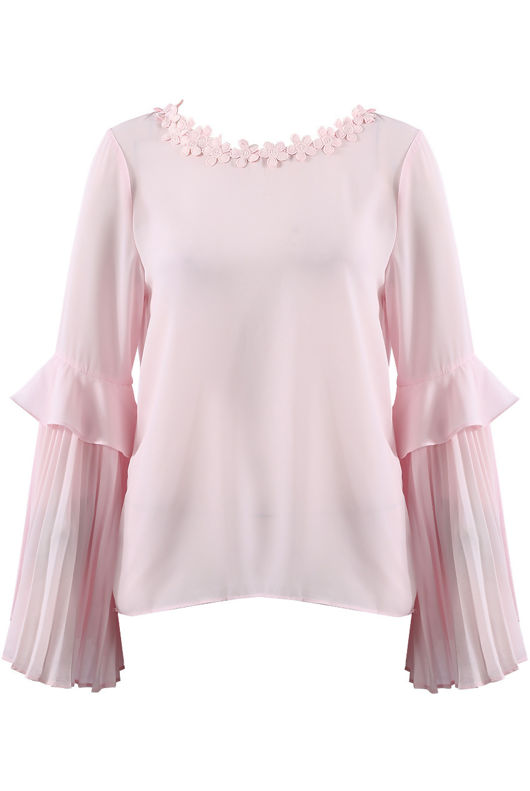 Rose Flower Neckline Pleated Sleeves Blouse