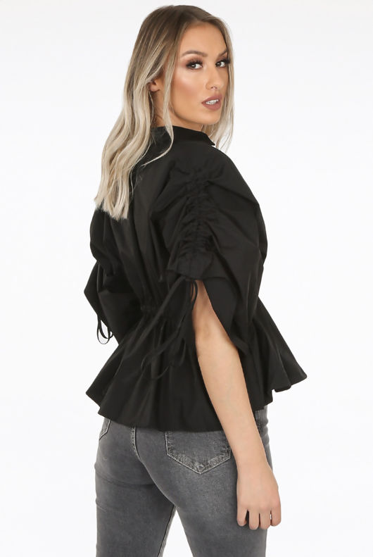 Black Elasticated Waist Tie Up Sleeve Blouse