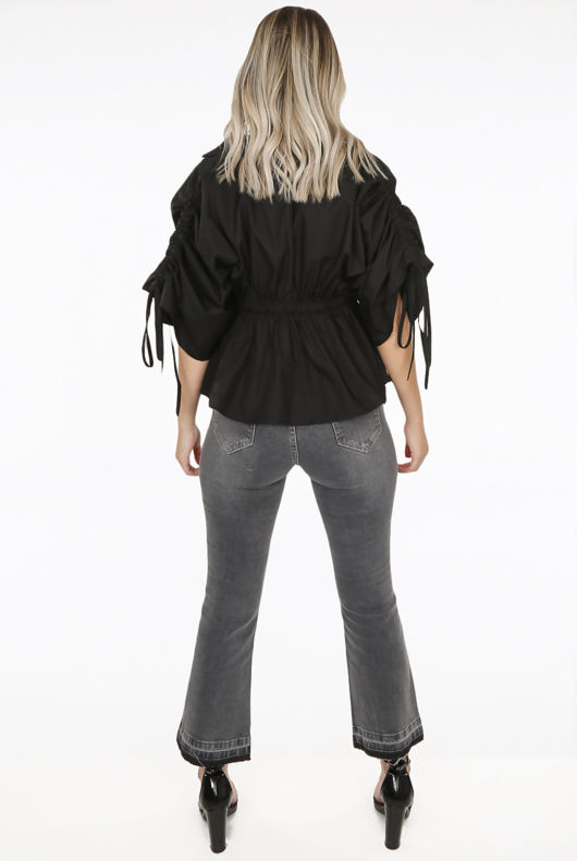 Black Elasticated Waist Tie Up Sleeve Blouse