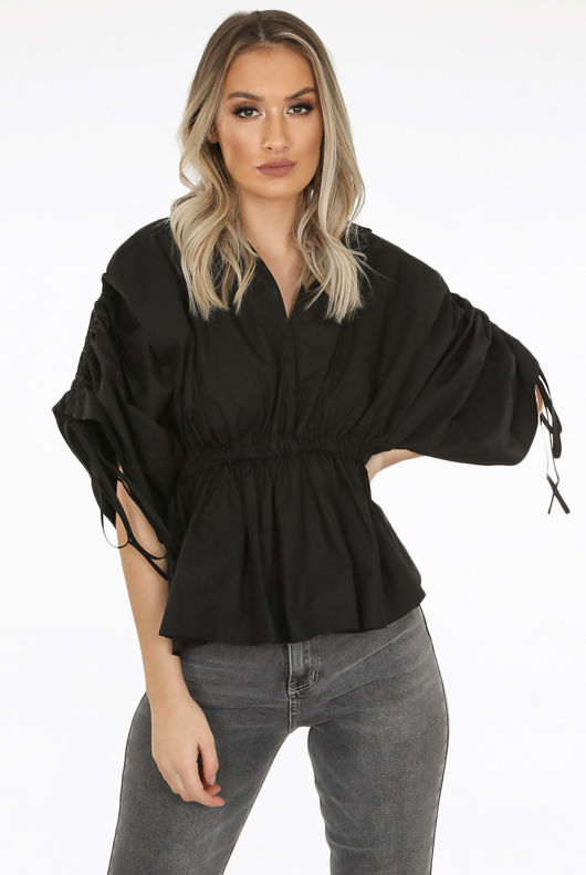 Black Elasticated Waist Tie Up Sleeve Blouse