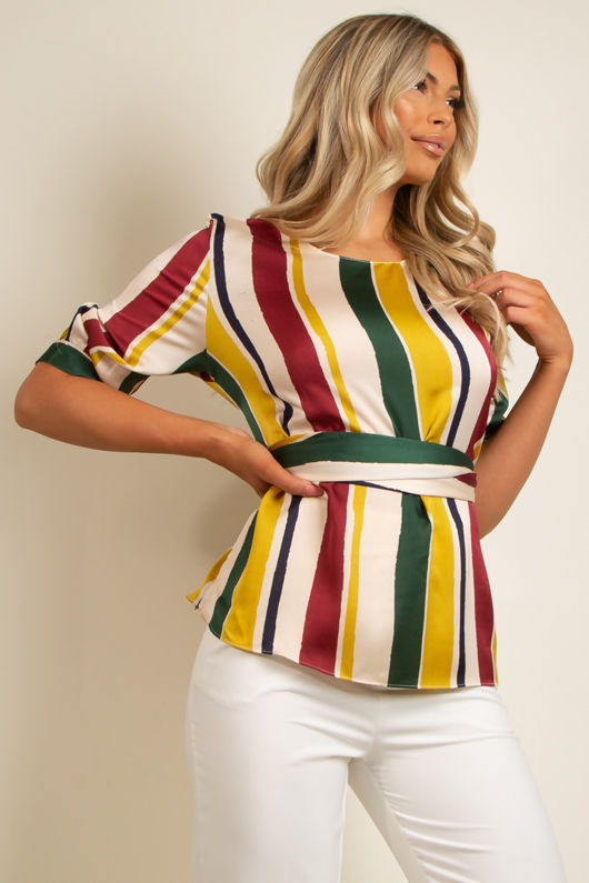 Yellow Stripes Tie Up Belted Top