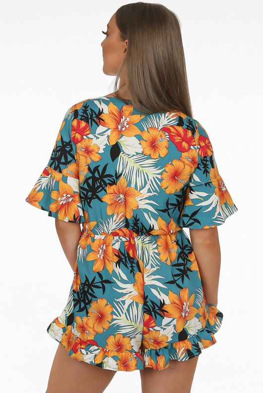 Orange Floral Print Side Knotted Wrap Up Playsuit