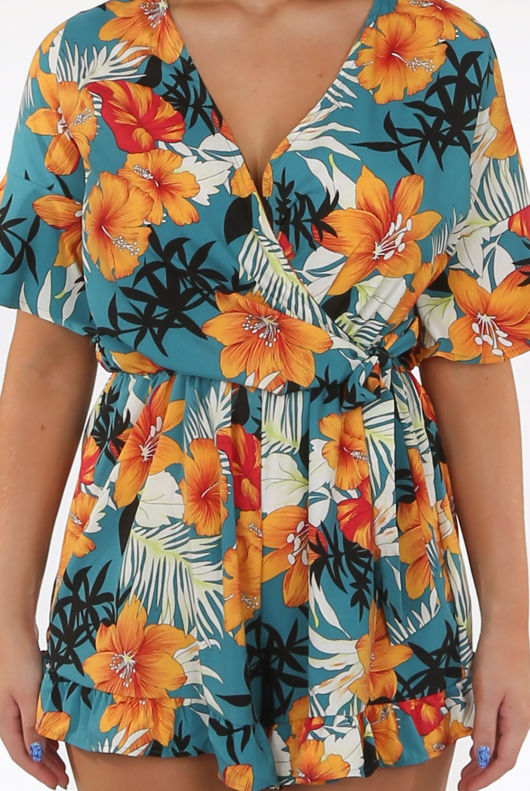 Orange Floral Print Side Knotted Wrap Up Playsuit
