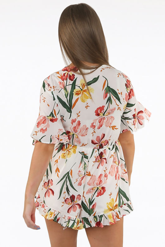 White Floral Print Side Knotted Wrap Up Playsuit