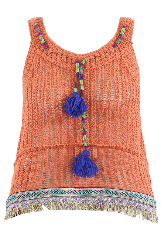 Orange Cable Knit Pom Pom Boho Top
