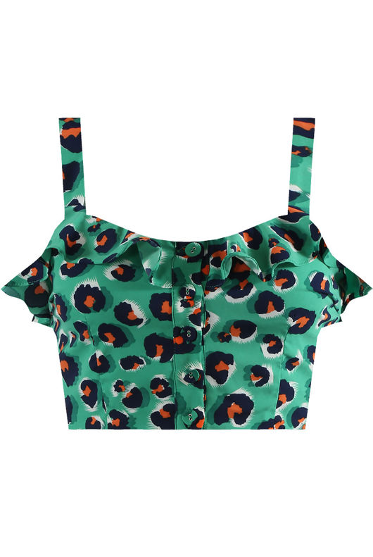 Green Floral Frill Crop Top
