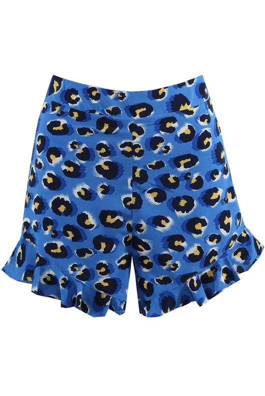 Blue Leopard Frill Hem Shorts