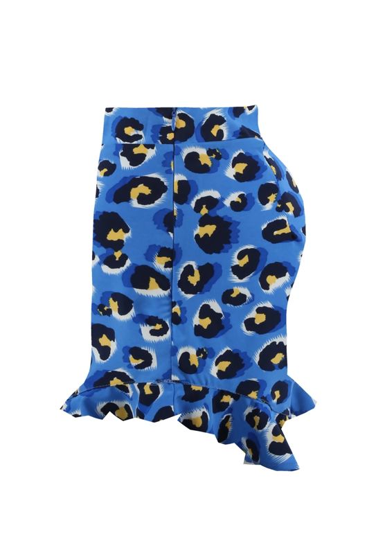 Blue Leopard Frill Hem Shorts