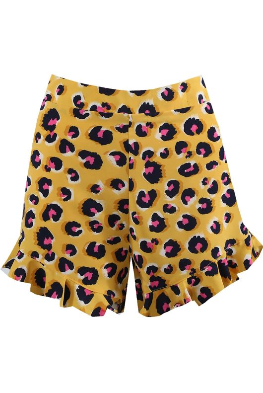 Yellow Leopard Frill Hem Shorts