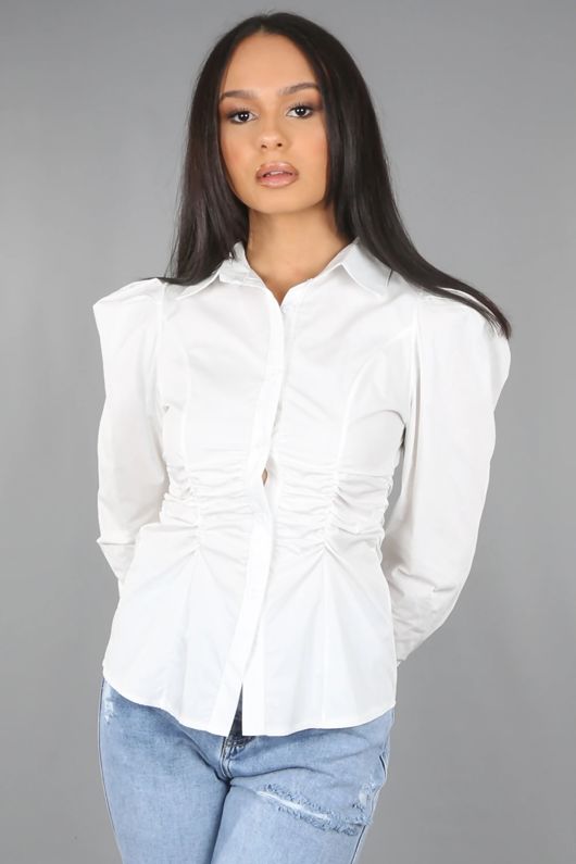 White Ruched Waist Fitted Shirt
