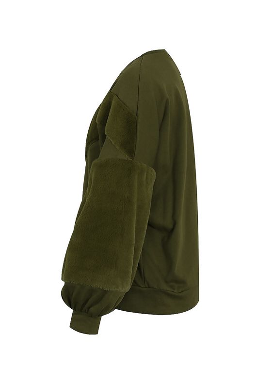 Khaki Sweatshirt With Faux Fur Detail