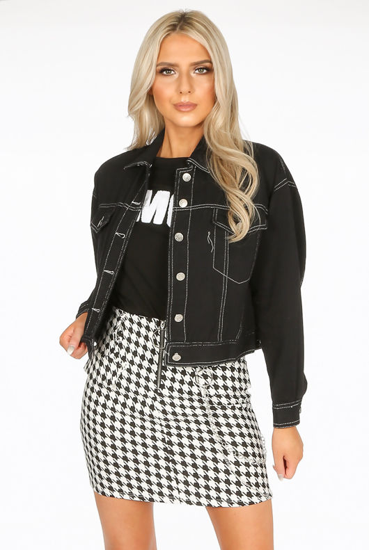 Black Button Through Cropped Denim Jacket
