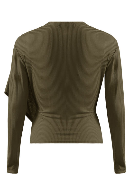 Khaki Ribbed O Ring Shawl Overlap Blouse