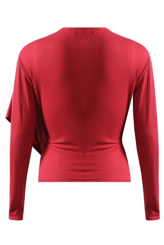 Wine Ribbed O Ring Shawl Overlap Blouse
