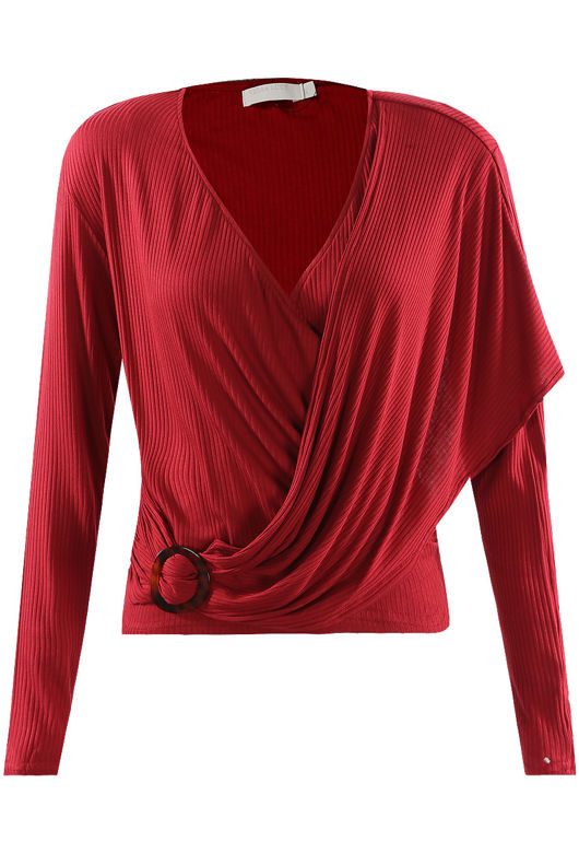 Wine Ribbed O Ring Shawl Overlap Blouse