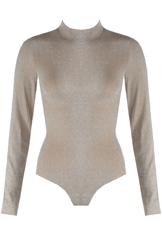 Beige Lurex High Neck Bodysuit