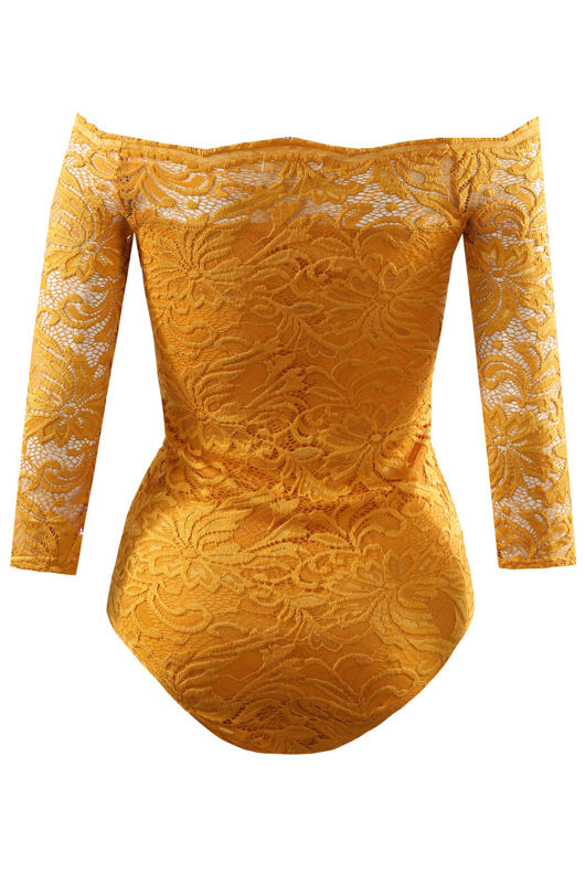 Mustard Off The Shoulder Lace Overlay Bodysuit