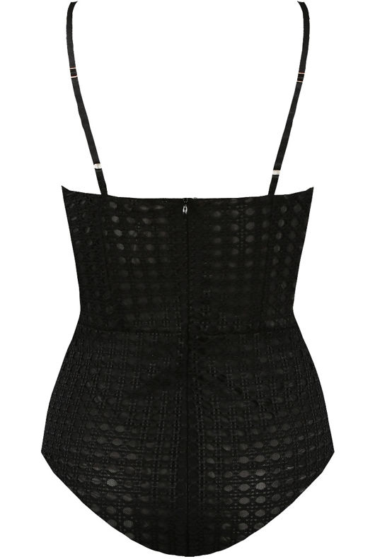 Round Grid Lace Bodysuits black