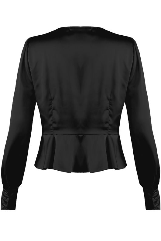 Black Satin Hook Up Peplum Hem Blouse