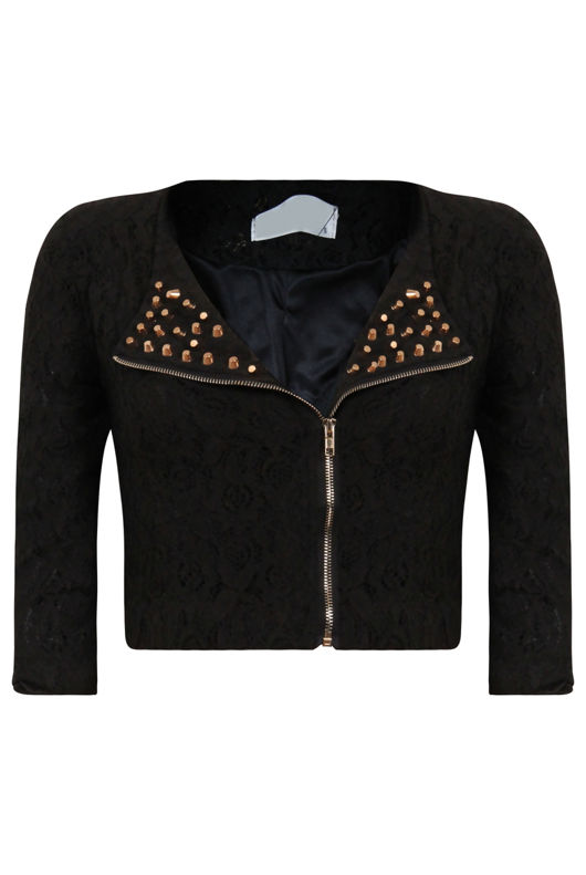 Black Lace Cropped Sleeved Gold Stud Trim