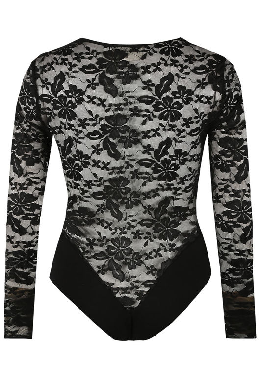 Black Floral Lace Trim Long Sleeves Bodysuit