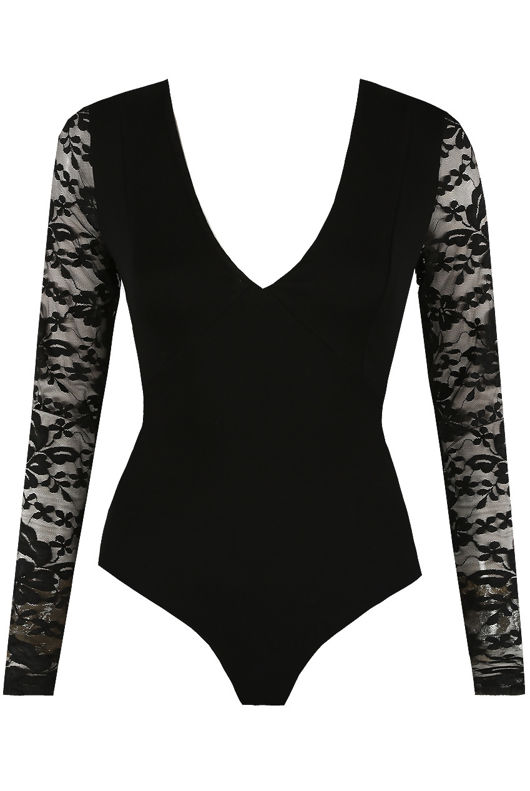 Black Floral Lace Trim Long Sleeves Bodysuit