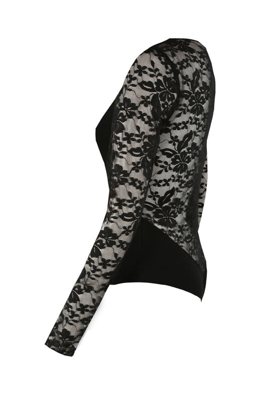 Black Floral Lace Trim Long Sleeves Bodysuit