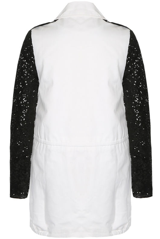 White with Black Sequin Sleeve Military Jacket