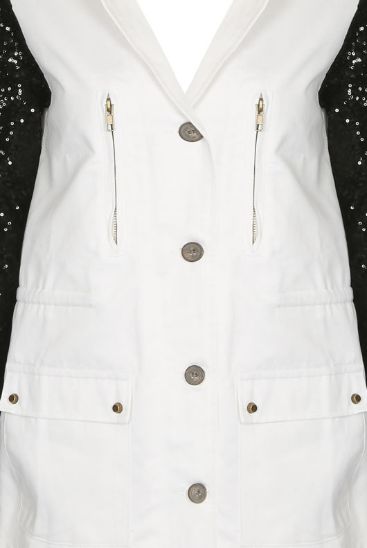 White with Black Sequin Sleeve Military Jacket