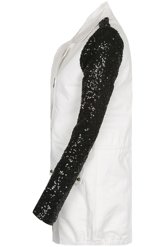 White with Black Sequin Sleeve Military Jacket