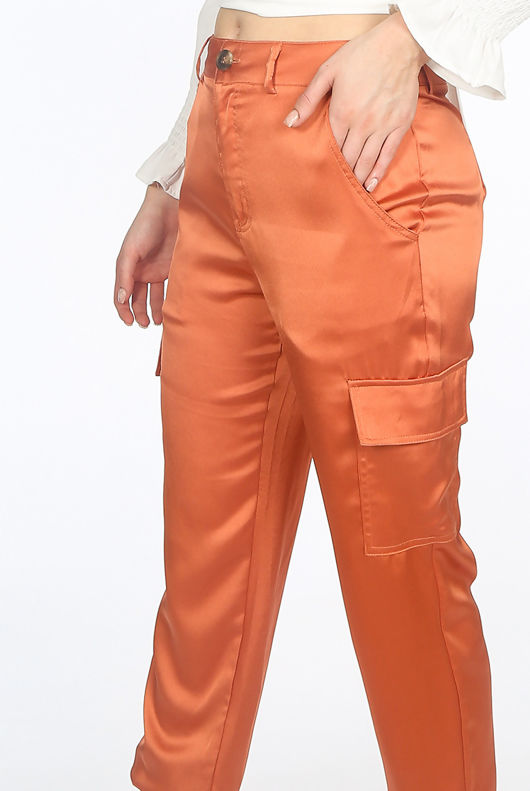 Cargo Pockets Satin Jogger Trousers in Taupe 