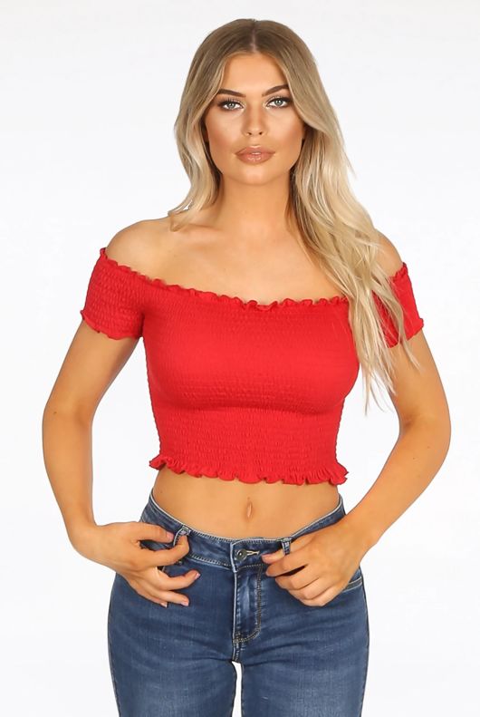 Red Shirred Jersey Bardot Crop Top