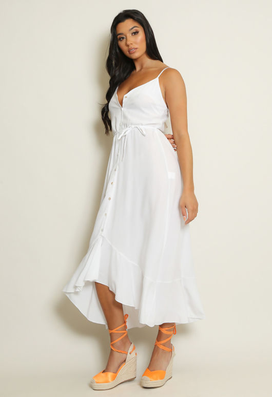 White Belted Button Front Maxi Dress