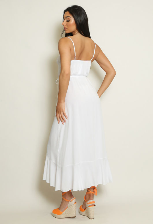 White Belted Button Front Maxi Dress