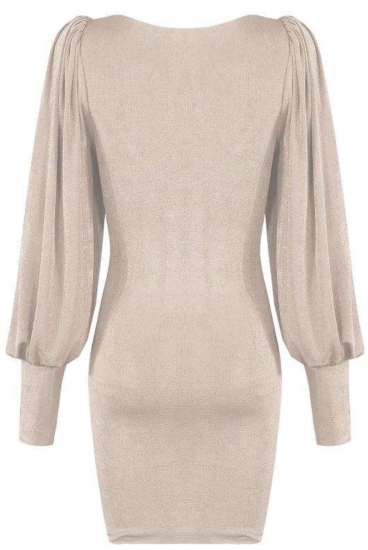 Beige Suede Pleated Low Neck Shift Dress