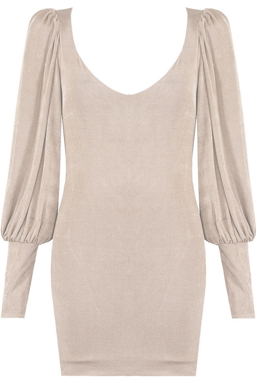 Beige Suede Pleated Low Neck Shift Dress