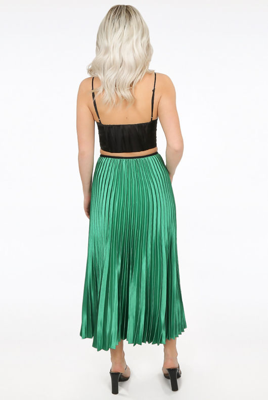 Rose and Green Satin Pleated Midi Skirt